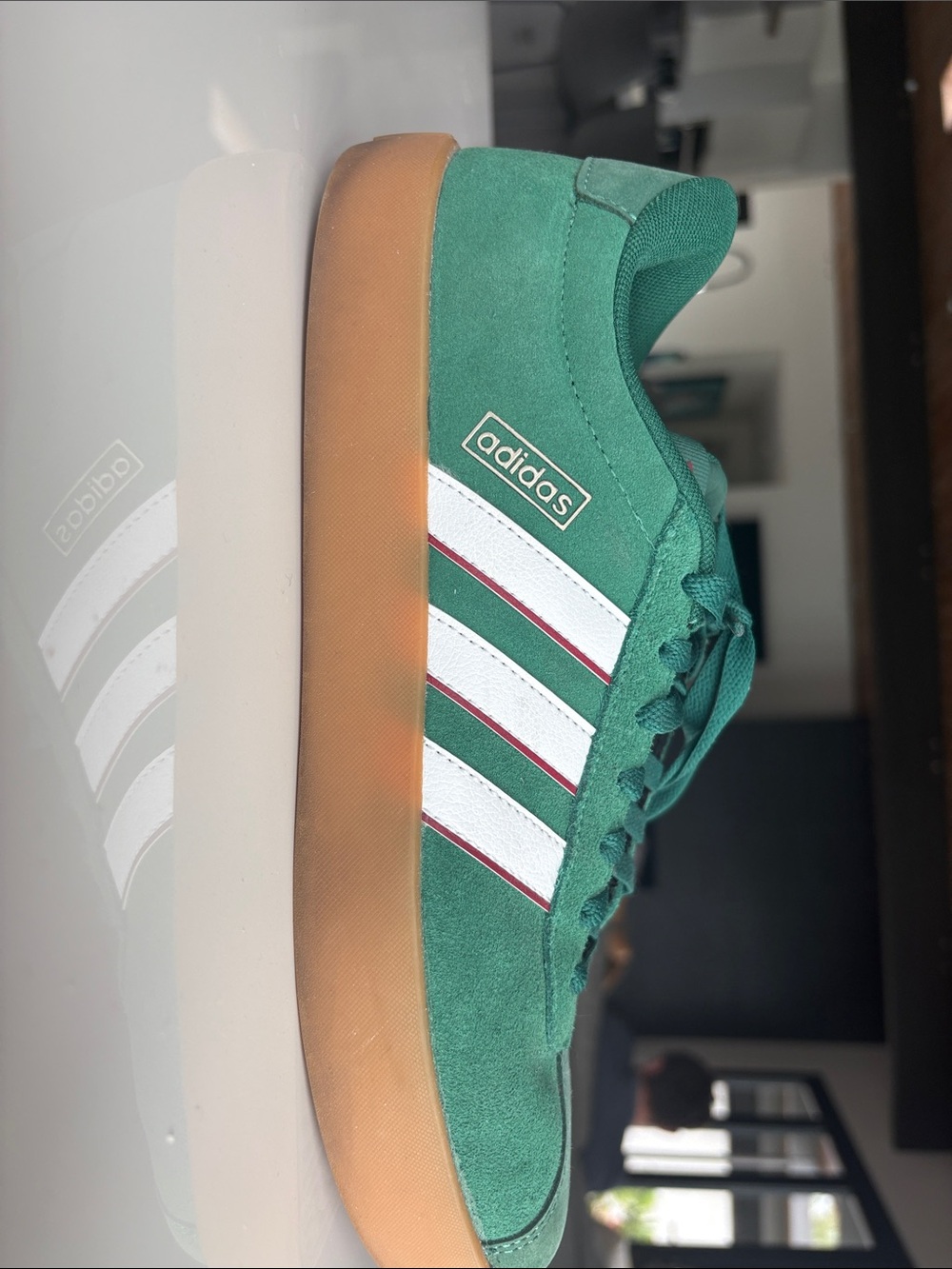 adidas Green Suede Sneakers with White Stripes and Gum Sole